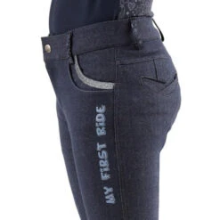 Premier Equine Sabrina Kids Full Seat Gel Riding Breeches -Equestrian Supplies Store SS20 Sabrina Kids Full Seat Gel Riding Breeches Denim Close Up Printed Gel L